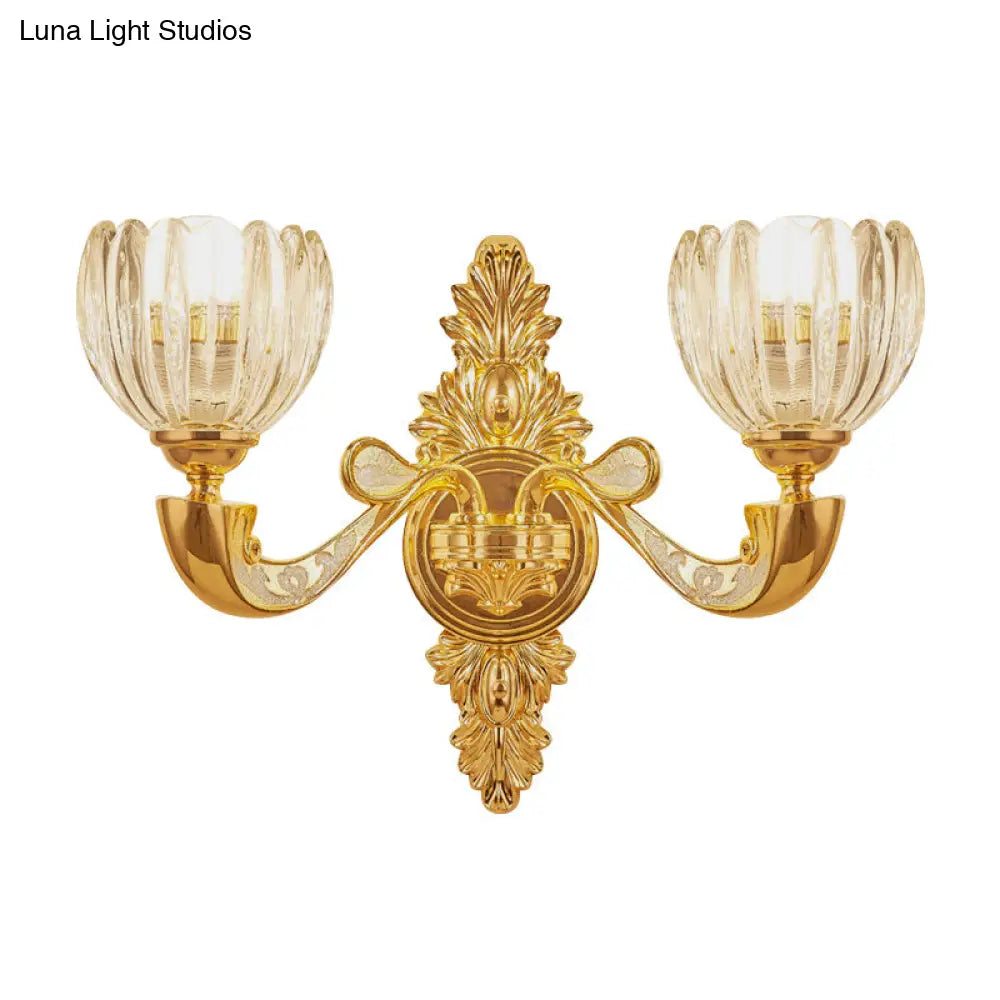 DecorBites™ Modern Beveled Crystal Dome Sconce Light Fixture: Gold 1/2-Bulb Wall Lamp for the Bedroom