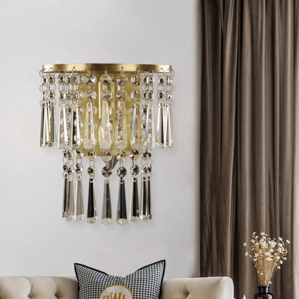 DecorBites™ Modern Beveled Glass Crystal Semi-Rounded Wall Sconce Lamp in Brass - 1 Light Corridor Mount
