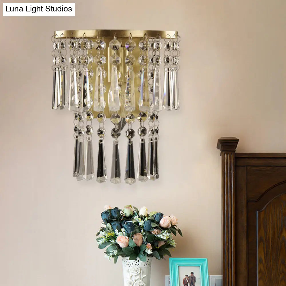 DecorBites™ Modern Beveled Glass Crystal Semi-Rounded Wall Sconce Lamp in Brass - 1 Light Corridor Mount