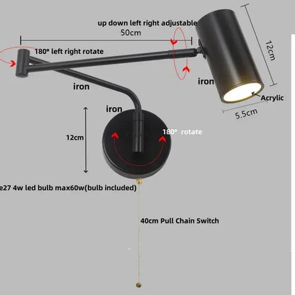 Modern black acrylic iron led wall lamp bedroom adjustable reading light