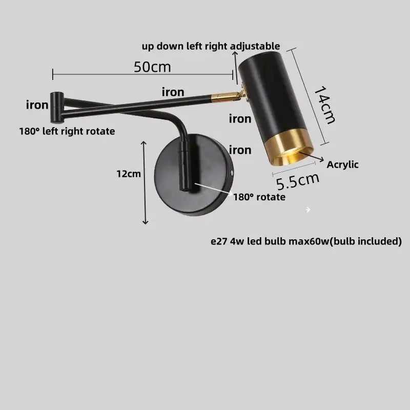 Modern black acrylic iron led wall lamp bedroom adjustable reading light