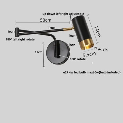 Modern black acrylic iron led wall lamp bedroom adjustable reading light