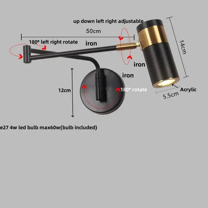 Modern black acrylic iron led wall lamp bedroom adjustable reading light