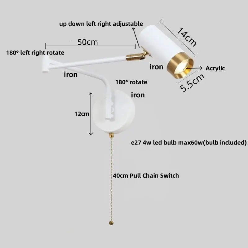 Modern black acrylic iron led wall lamp bedroom adjustable reading light