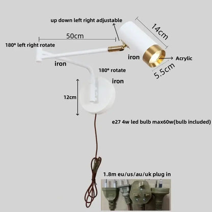 Modern black acrylic iron led wall lamp bedroom adjustable reading light