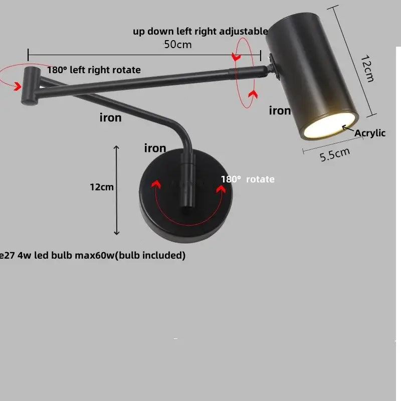 Modern black acrylic iron led wall lamp bedroom adjustable reading light