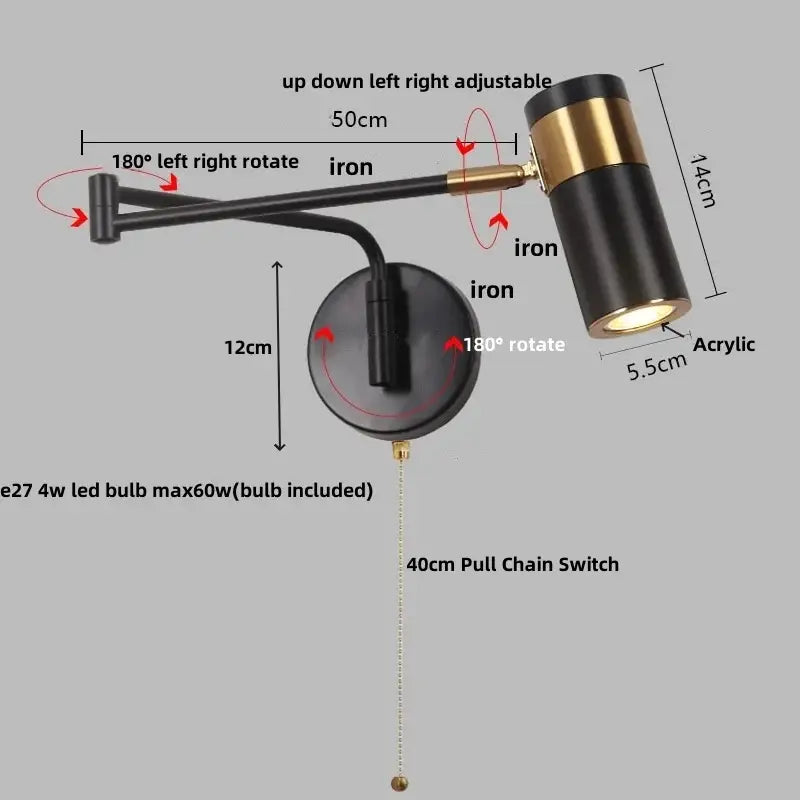 Modern black adjustable acrylic iron led wall lamp bedroom reading light