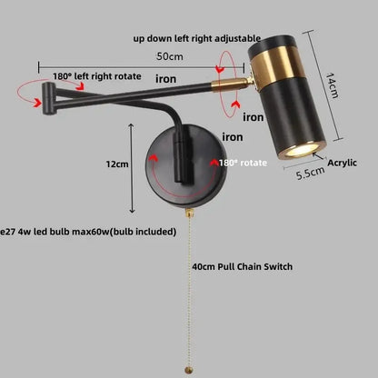 Modern black adjustable acrylic iron led wall lamp bedroom reading light