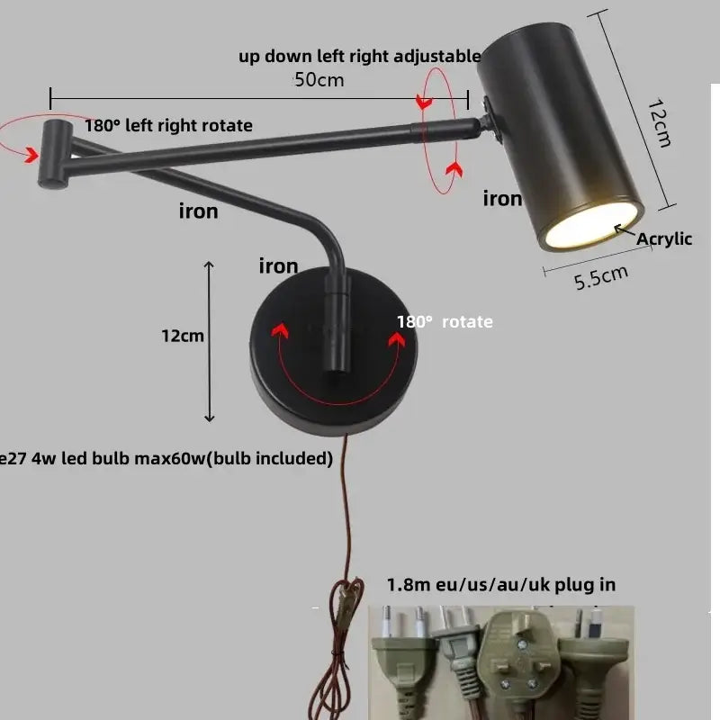 Modern black adjustable acrylic iron led wall lamp bedroom reading light