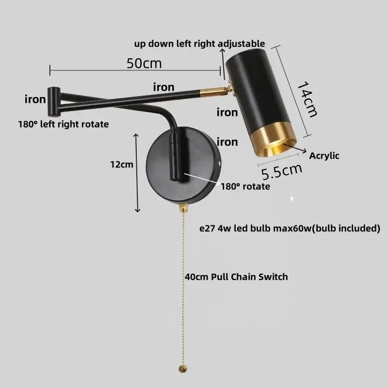 Modern black adjustable acrylic iron led wall lamp bedroom reading light