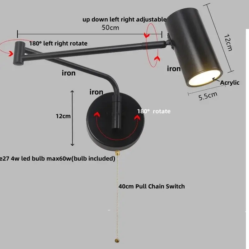Modern black adjustable acrylic iron led wall lamp bedroom reading light