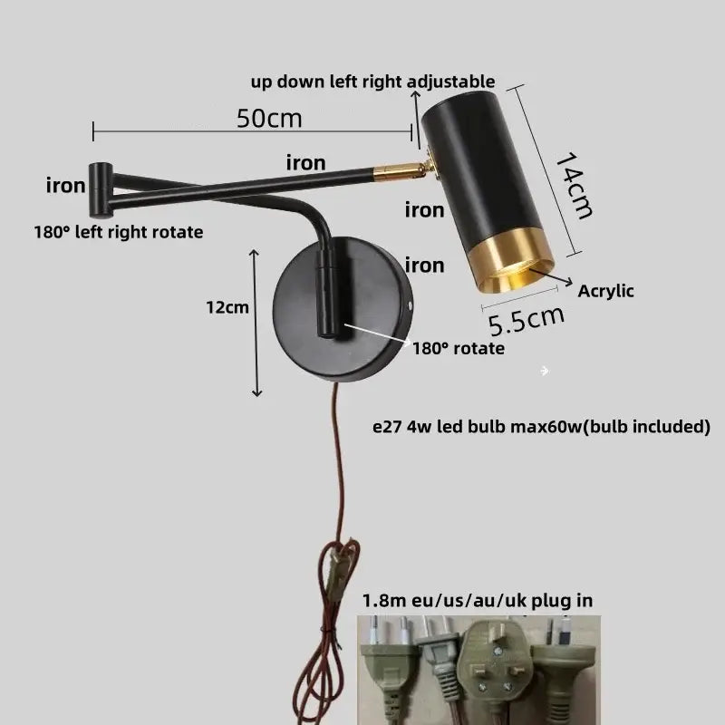 Modern black adjustable acrylic iron led wall lamp bedroom reading light