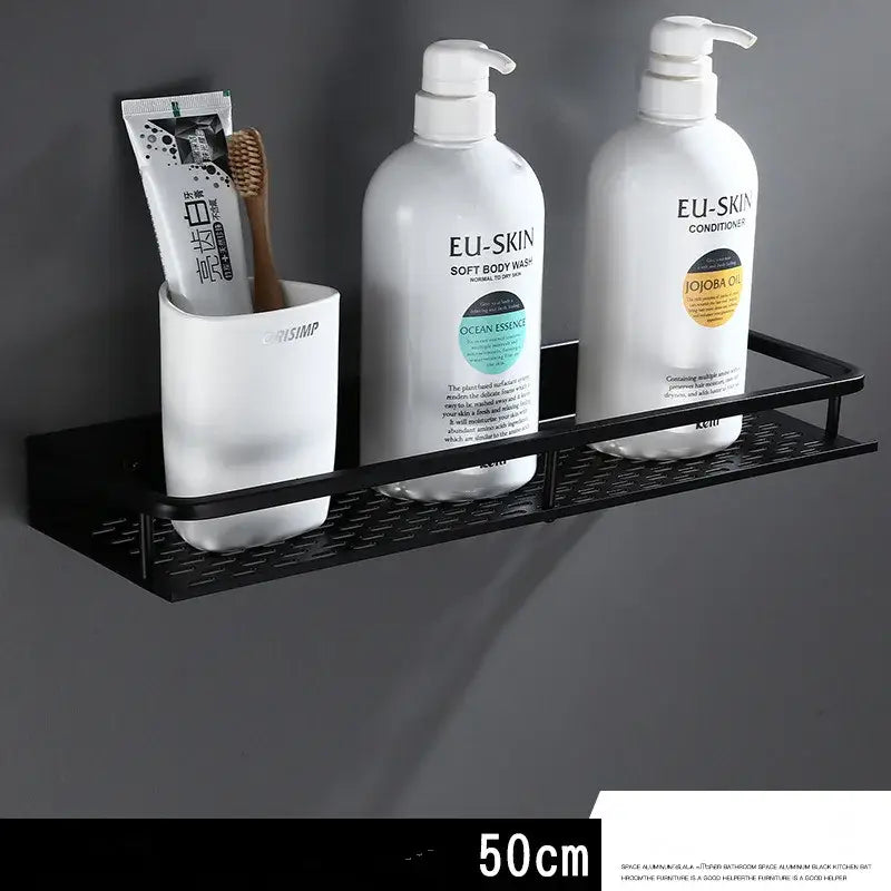 Modern black aluminum bathroom shelf with towel bar – shower storage