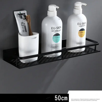 Modern black aluminum bathroom shelf with towel bar – shower storage