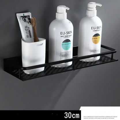 Modern black aluminum bathroom shelf with towel bar – shower storage