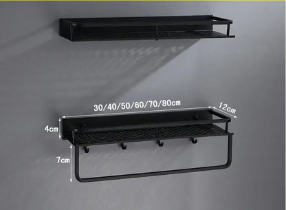 Modern black aluminum bathroom shelf with towel bar – shower storage