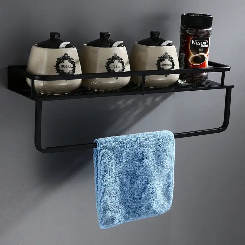 Modern black aluminum bathroom shelf with towel bar – shower storage