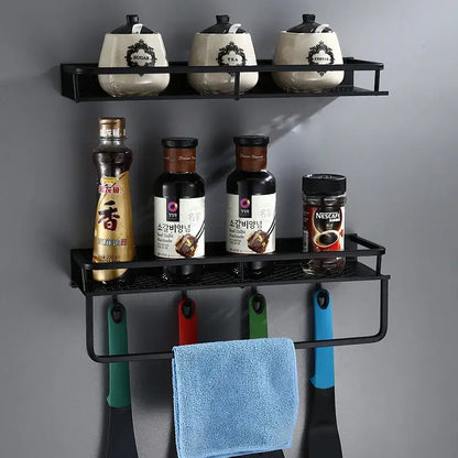 Modern black aluminum bathroom shelf with towel bar – shower storage