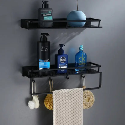 Modern black aluminum bathroom shelf with towel bar – shower storage