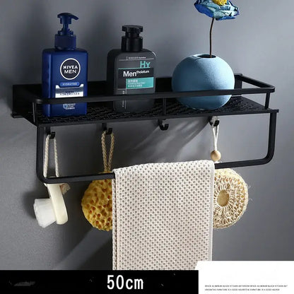 Modern black aluminum bathroom shelf with towel bar – shower storage