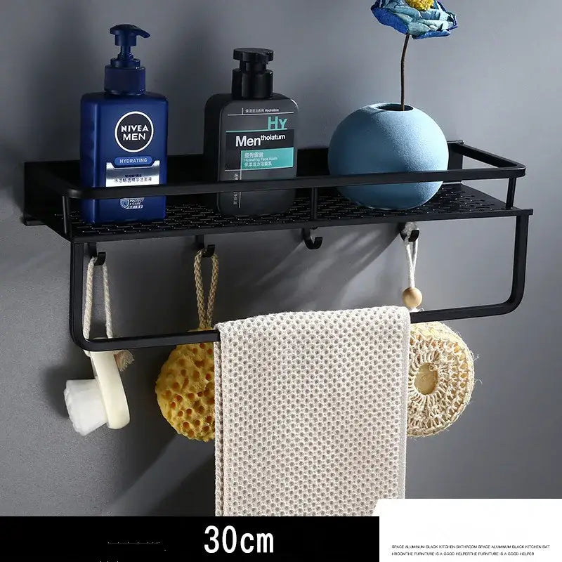 Modern black aluminum bathroom shelf with towel bar – shower storage