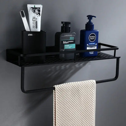 Modern black aluminum bathroom shelf with towel bar – shower storage