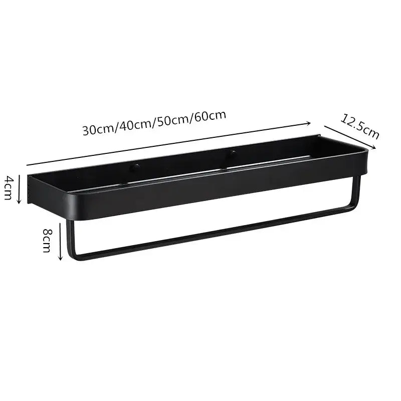 Modern black aluminum bathroom shower shelf with hooks and towel bar