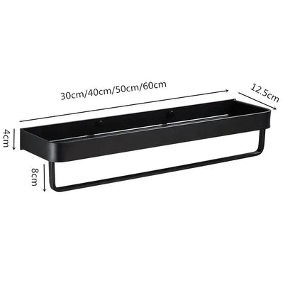 Modern black aluminum bathroom shower shelf with hooks and towel bar