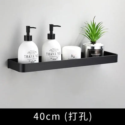 Modern black aluminum bathroom shower shelf with hooks and towel bar