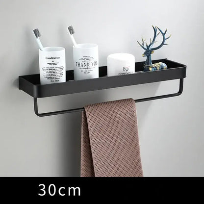 Modern black aluminum bathroom shower shelf with hooks and towel bar