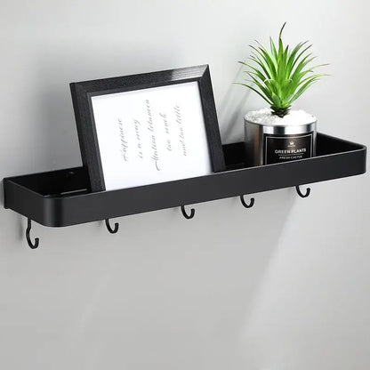 Modern black aluminum bathroom shower shelf with hooks and towel bar