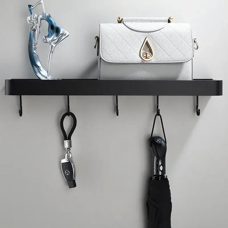 Modern black aluminum bathroom shower shelf with hooks and towel bar