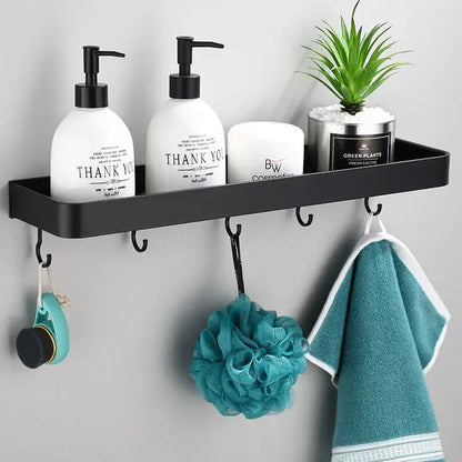Modern black aluminum bathroom shower shelf with hooks and towel bar