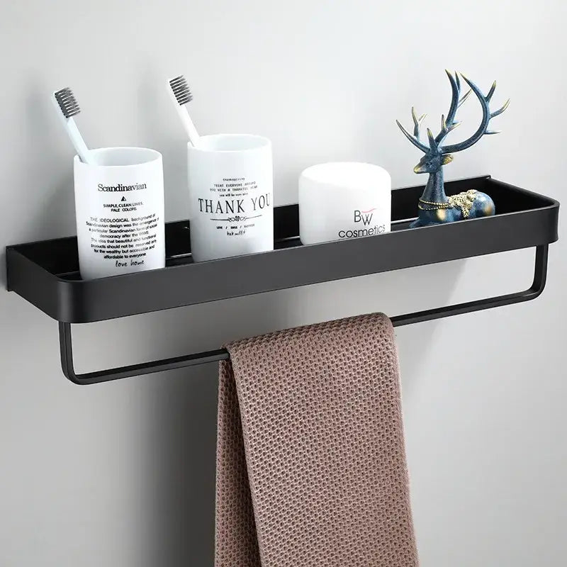 Modern black aluminum bathroom shower shelf with hooks and towel bar