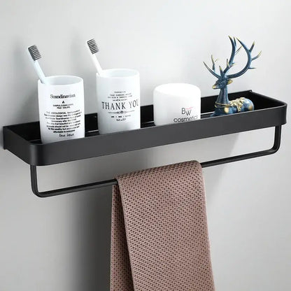 Modern black aluminum bathroom shower shelf with hooks and towel bar
