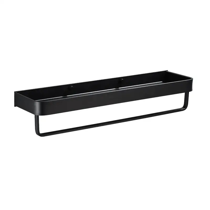 Modern black aluminum bathroom shower shelf with hooks and towel bar