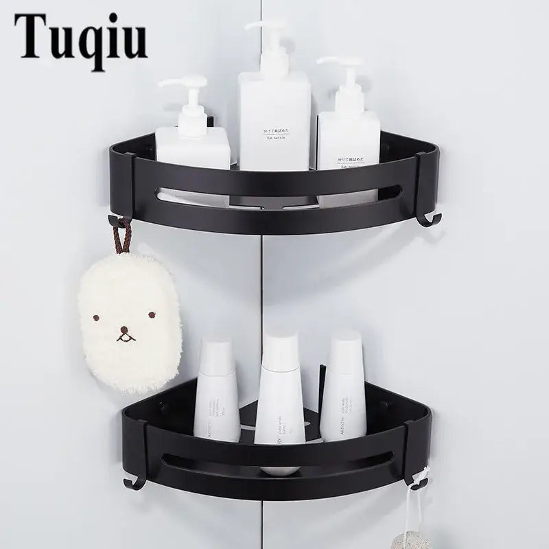 Modern black aluminum corner shelf 3 tier bathroom storage with hooks