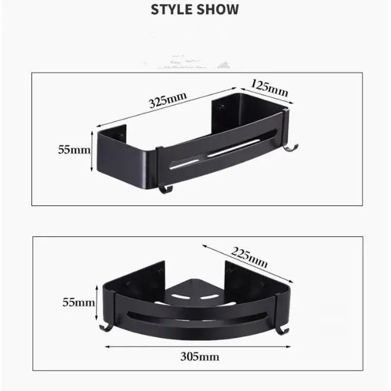 Modern black aluminum corner shelf 3 tier bathroom storage with hooks