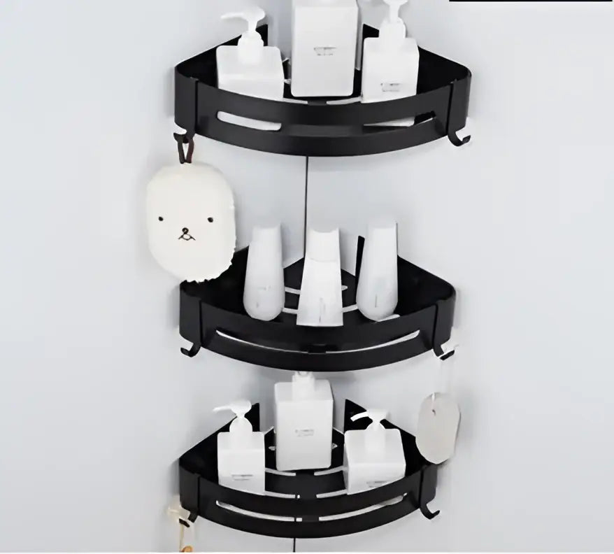 Modern black aluminum corner shelf 3 tier bathroom storage with hooks