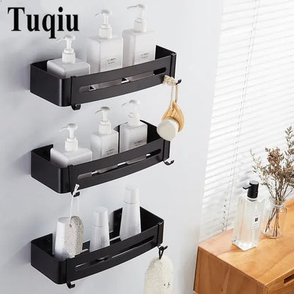 Modern black aluminum corner shelf 3 tier bathroom storage with hooks