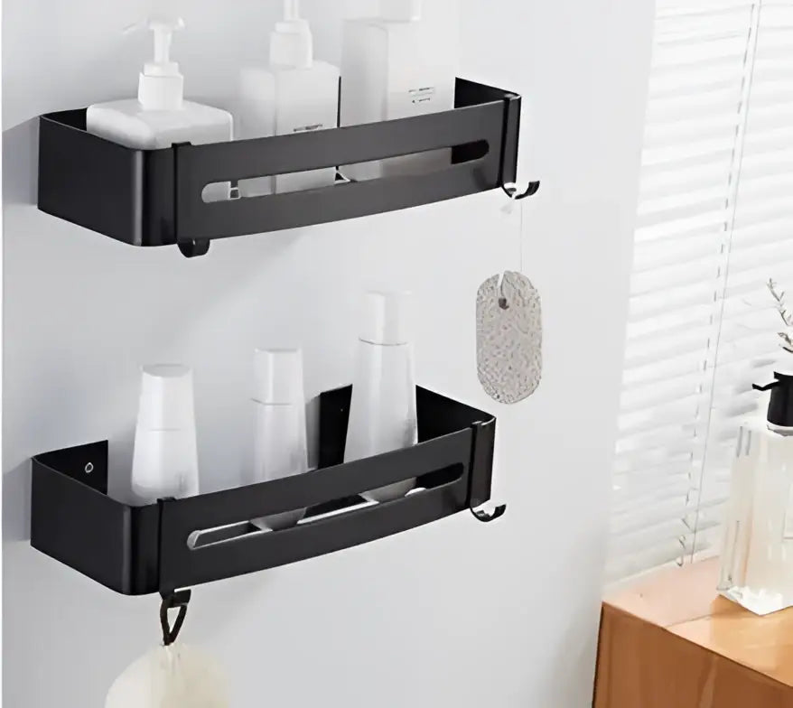 Modern black aluminum corner shelf 3 tier bathroom storage with hooks