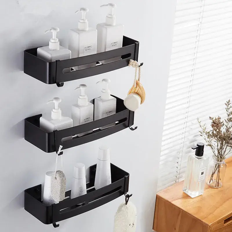 Modern black aluminum corner shelf bathroom storage caddy with hooks