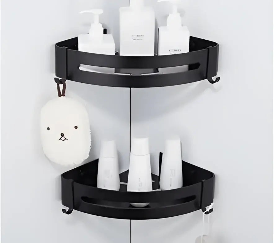 Modern black aluminum corner shelf bathroom storage caddy with hooks