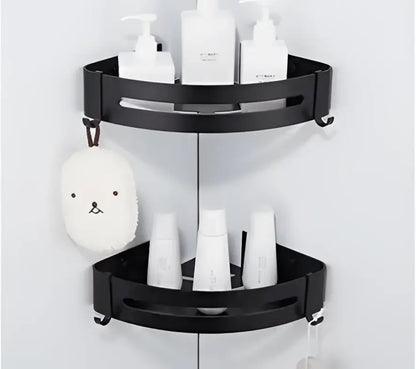 Modern black aluminum corner shelf bathroom storage caddy with hooks