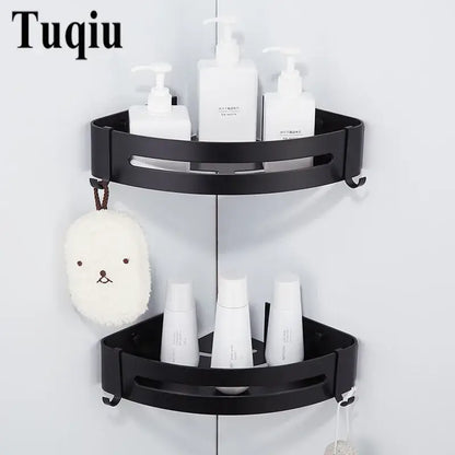 Modern black aluminum corner shelf bathroom storage caddy with hooks