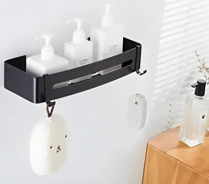Modern black aluminum corner shelf bathroom storage caddy with hooks