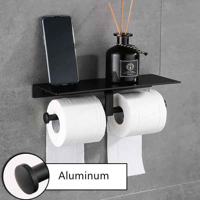 Modern black aluminum double toilet paper holder with shelf bathroom
