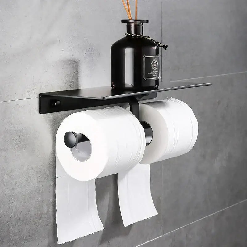 Modern black aluminum double toilet paper holder with shelf bathroom