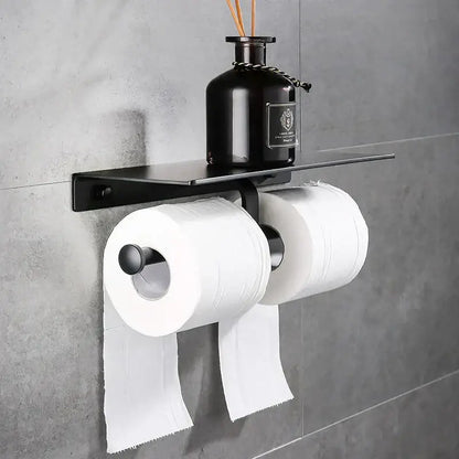 Modern black aluminum double toilet paper holder with shelf bathroom