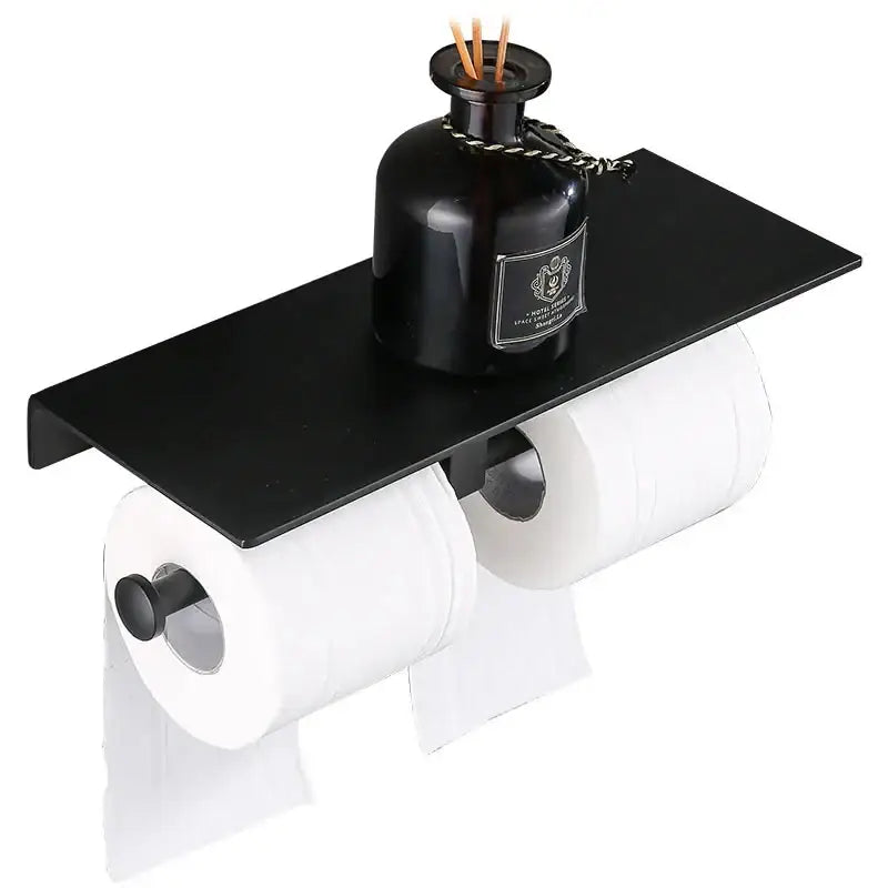 Modern black aluminum double toilet paper holder with shelf bathroom